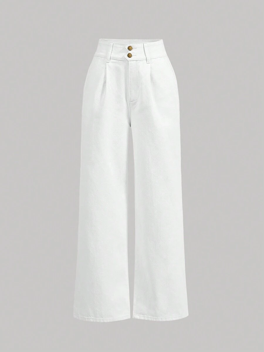 SHEIN MOD Vaqueros De Pierna Ancha De Cintura Alta Suelta Para Mujer Con Banda Elástica En La Cintura - Blanco - Ver 1