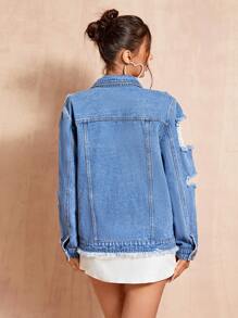 SHEIN BAE Ripped Raw Hem Denim Jacket - Medium Wash - View 2