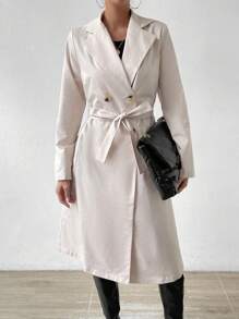 SHEIN Essnce Lapel Neck Double Button Belted Trench Coat - Apricot - View 7