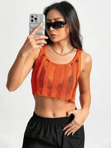 SHEIN Unity 素色破洞針織短上衣 - 橘色 - 查看 1