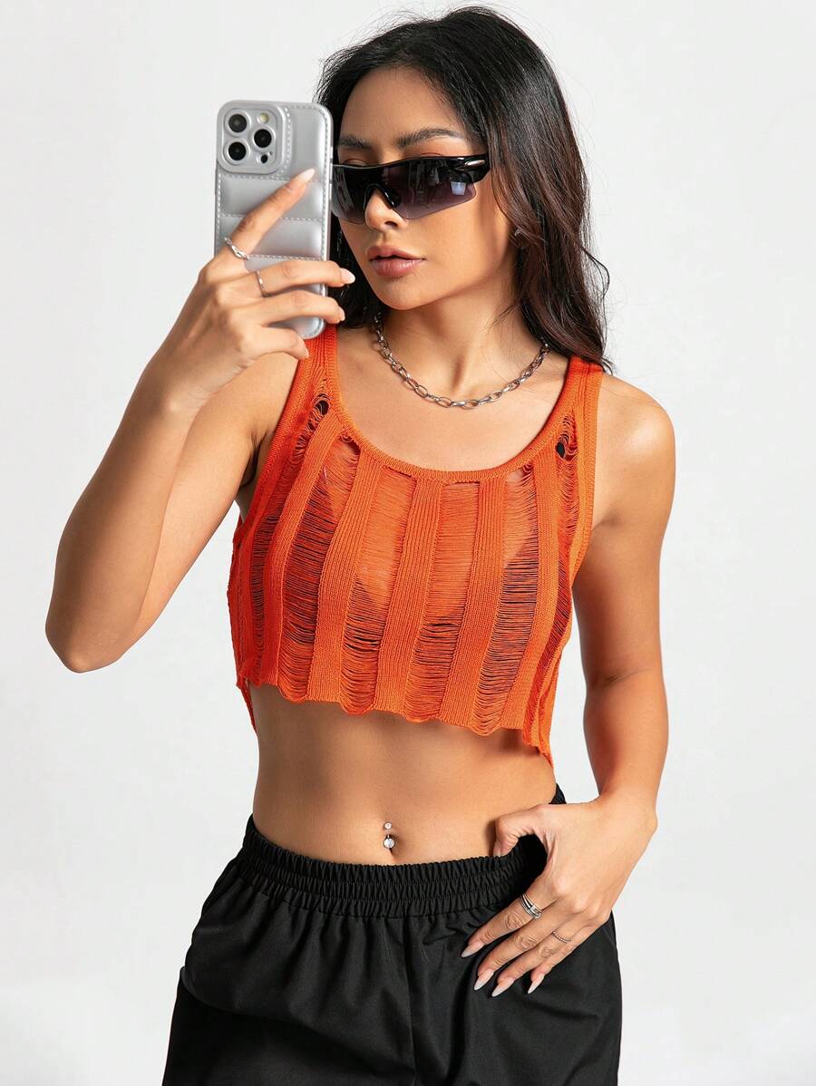 SHEIN Unity 素色破洞針織短上衣 - 橘色 - 查看 1