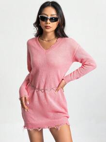Chiquease Solid Drop Shoulder Distressed Sweater Dress