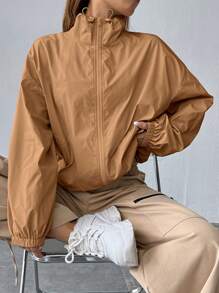 SHEIN EZwear Dây kéo Thả vai Áo khoác - Lạc đà - Xem 1