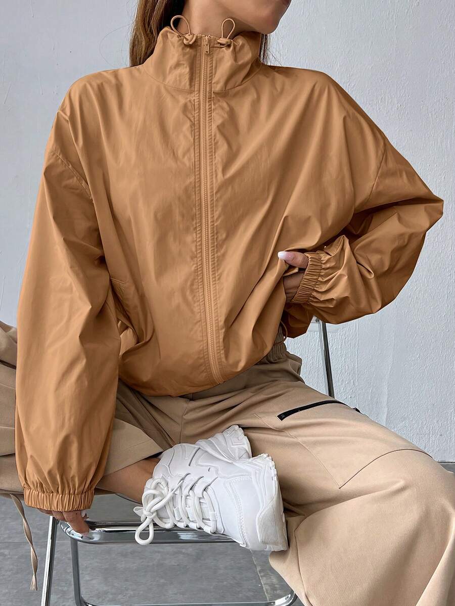 SHEIN EZwear Dây kéo Thả vai Áo khoác - Lạc đà - Xem 1