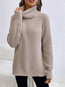 EMERY ROSE Rollkragen Raglanärmel Split Saum Pullover, Langarm Oberteil