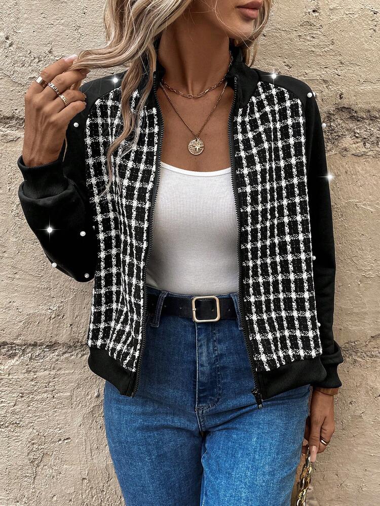 Plaid Pattern Raglan Sleeve Zip Up Tweed Jacket Fall Cloth For Women