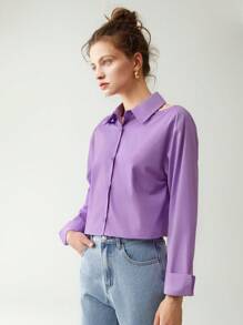 Chiquease Cut Out Shoulder Button Front Shirt - Purple - View 1