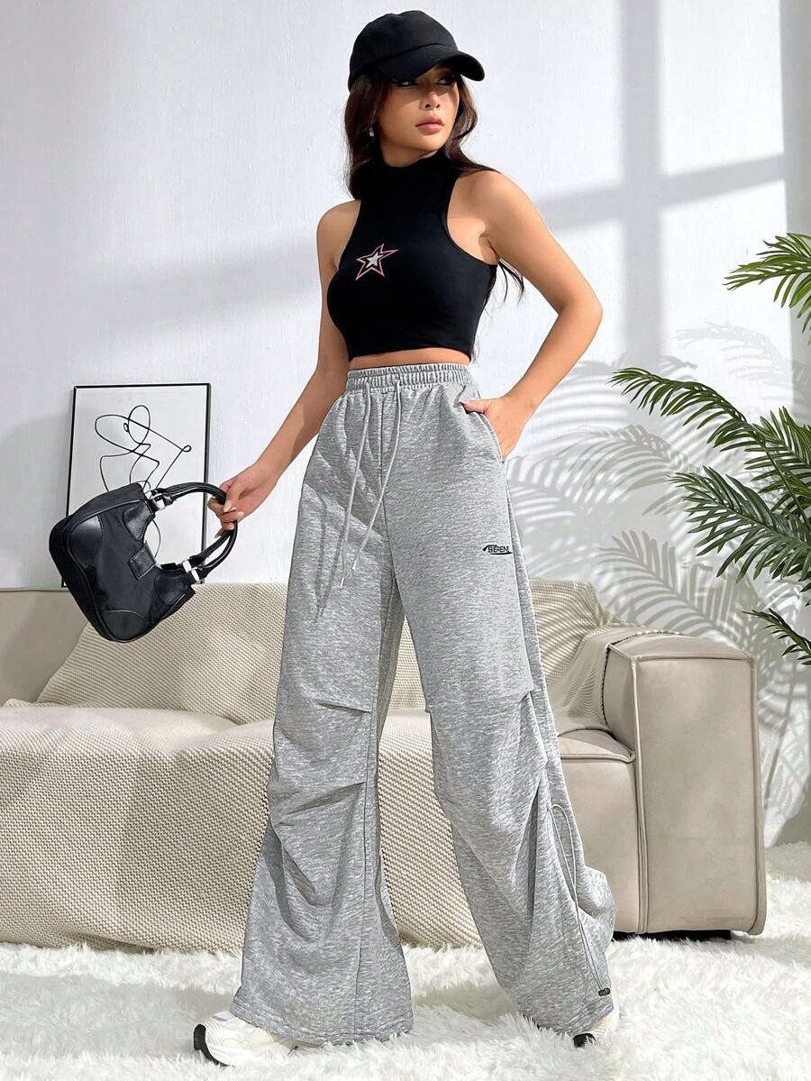 SHEIN Unity Đồ họa Chữ cái Eo dây rút Quần ống rộng - Xám - Xem 1