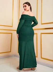 Modelyn Talla grande Vestido de hombros descubiertos fruncido de muslo con abertura - Verde Oscuro - Ver 2