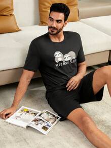 CoupledUp 1入組字母圖案睡衣T恤&1入組睡衣短褲休閒服套裝 - 黑色 - 查看 2