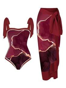 Swim Oasis Summer Beach Plus Marble Print One Piece Swimsuit With Beach Skirt - Red - View 1