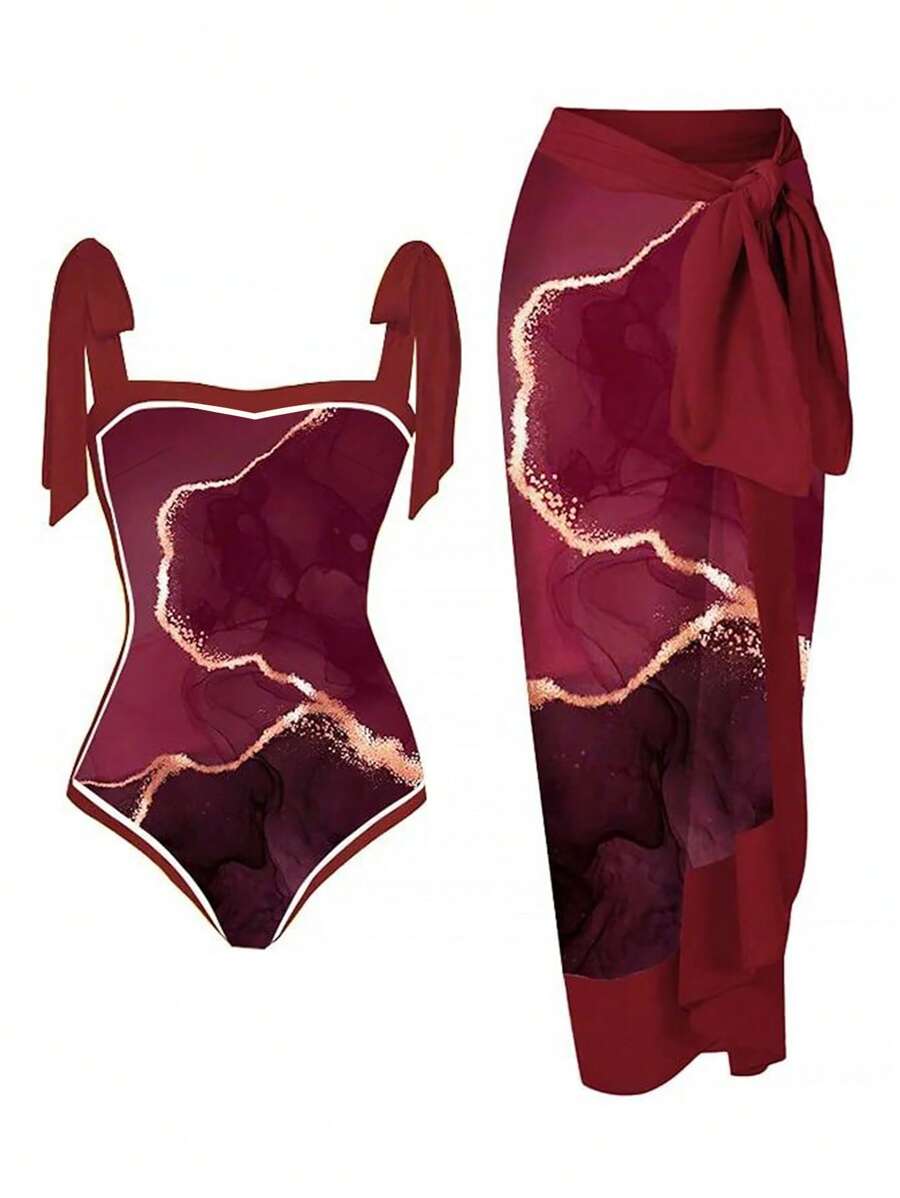 Swim Oasis Summer Beach Plus Marble Print One Piece Swimsuit With Beach Skirt - Red - View 1