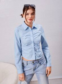 SHEIN Teen Girl Ruched Button Front Shirt - Baby Blue - View 3