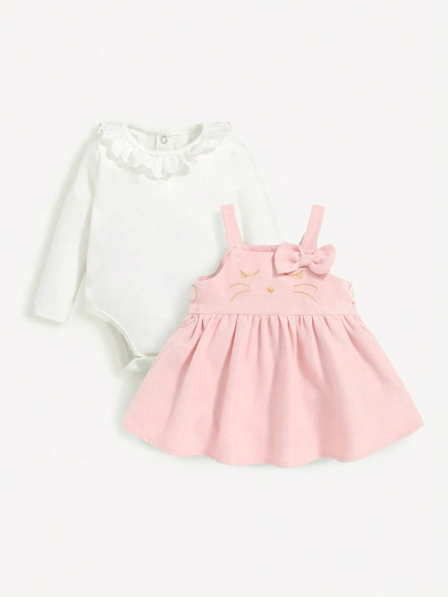 SHEIN Baby Girl Solid Bodysuit & Cartoon Graphic Bow Front Overall