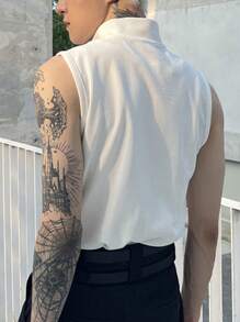 Manfinity Homme Áo ba lỗ dệt kim có gân cho nam, áo ba lỗ không tay màu kem đi chơi thời trang - trắng - Xem 2