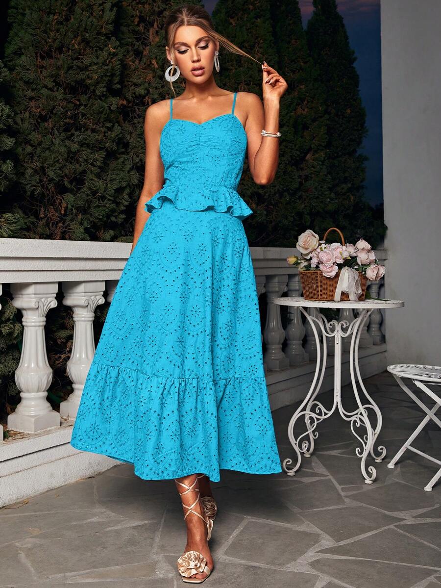 Glamaker 荷葉邊網眼刺繡吊帶洋裝 - 藍色 - 查看 1