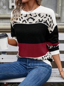 SHEIN LUNE Hoa văn Báo Khối màu Thả vai Áo len - Màu Đỏ Sâu - Xem 4