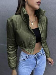 SHEIN Unity Zip Up Crop Padded Padded Coat For Winter Clothes - Army Green - View 4
