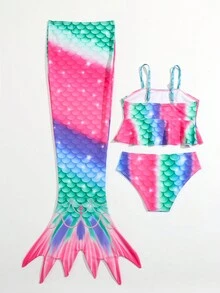 年轻女孩鱼鳞印花比基尼套装带美人鱼尾裙夏季海滩 - 彩色 - 查看 7