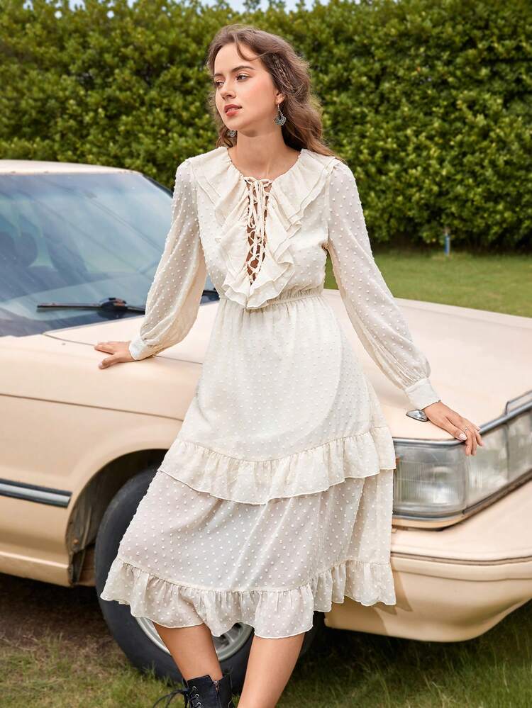 Swiss Dot Ruffle Trim Lace Up Front Ruffle Hem Dress