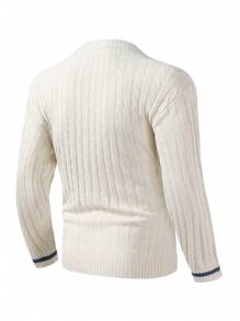 Manfinity Homme 男士麻花編織條紋飾邊前紐扣開襟衫 - 白色 - 查看 2