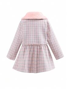 SHEIN Young Girl Plaid Print Borg Collar Frill Trim Overcoat - Multicolor - View 7