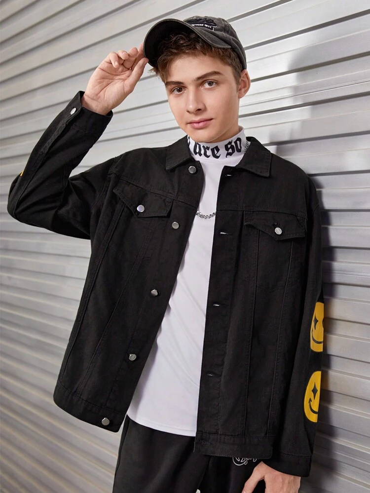 Teen Boy Cartoon Graphic Flap Detail Denim Jacket