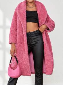 SHEIN Unity Women's Solid Color Faux Fur Collar Long Sleeve Warm Winter Midi Coat (Faux Fur Lined) - Pink - View 1