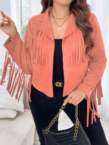 Calvaya Plus Fringe Trim Open Front Jacket - Dusty Pink - View 3