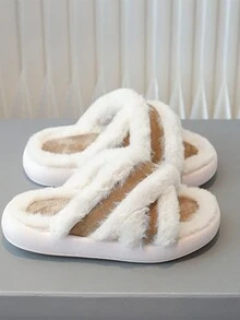 嬰兒女孩長毛絨交叉帶時尚拖鞋,秋天&冬天
