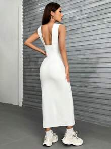SHEIN PETITE 深V領高衩洋裝 - 白色 - 查看 2