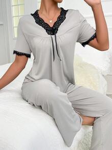 Contrast Lace Knot Front PJ Set - Grey - View 6