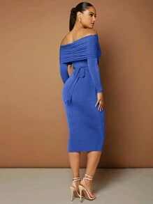 SHEIN BAE Off Shoulder Ruched Side Wrap Cross Bodycon Dress - Royal Blue - View 3