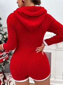 SHEIN Unity 拼接邊拉鏈開襟抽繩連帽絨毛連身短褲 - 紅色 - 查看 2