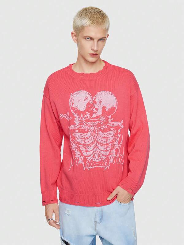 ROMWE MEN Street Life Guys Skull Pattern Drop Shoulder Sweater