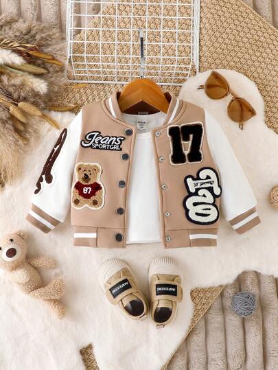 Baby Boy Letter Patched Striped Trim Varsity Jacket Without Tee