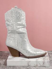 亮片尖頭粗跟靴 - 銀色 - 查看 3