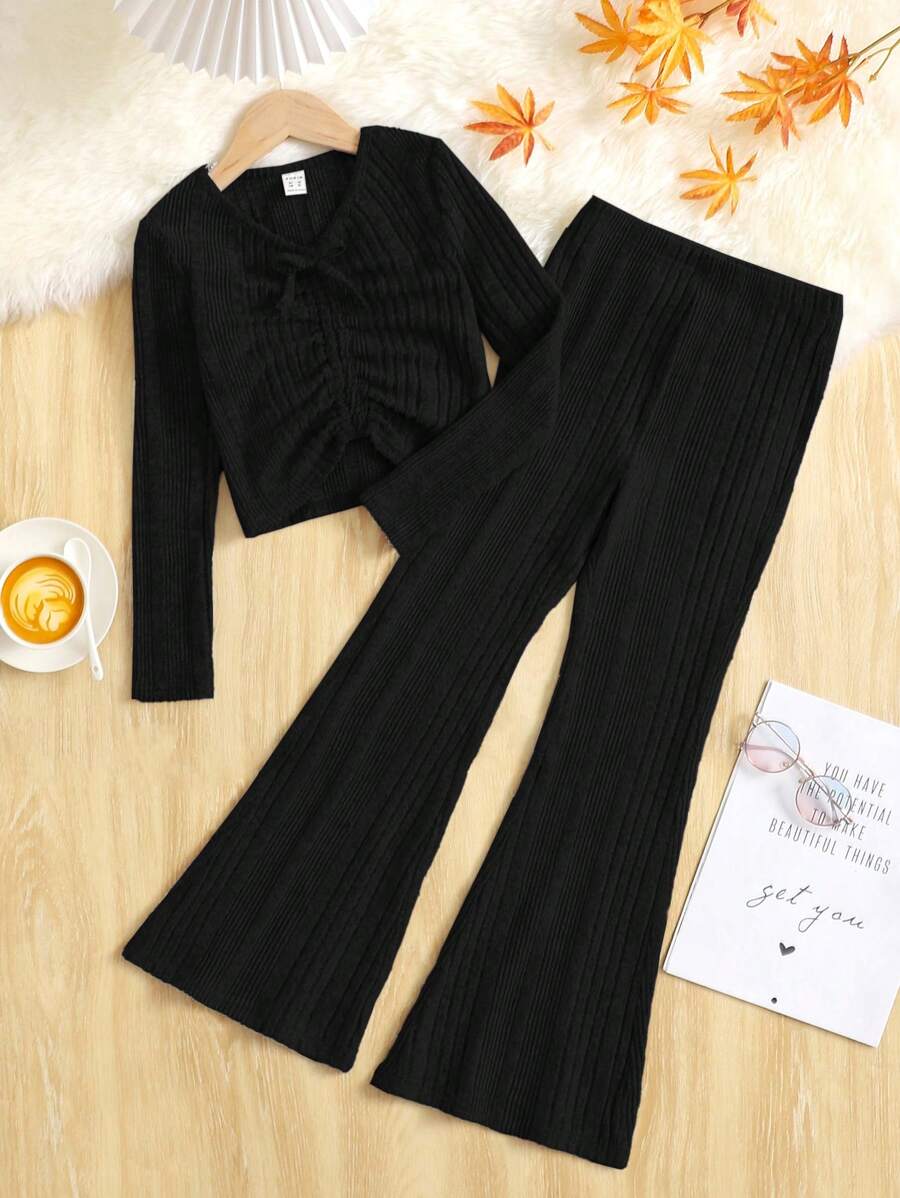 SHEIN Tween Girl Knitted Ruched Long Sleeve T-Shirt & Flared Pants Casual Set, Including Shirring Front T-Shirt And Flared Pants - Black - View 1