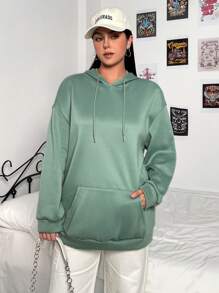 Flirla Plus Size Kangaroo Pocket Drop Shoulder Drawstring Sweatshirt - Green - View 4