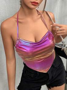 SHEIN Unity Holographic Draped Bandana Hem Tie Backless Halter Top - Multicolor - View 5