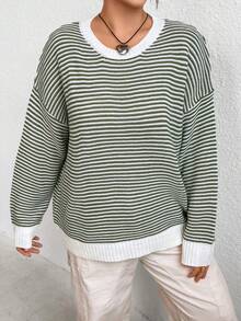 Flirla 大碼條紋圖案落肩袖套頭毛衣 - 紫紅色 - 查看 7