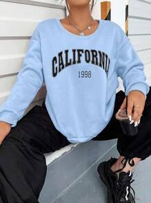 Flirla Plus Letter Graphic Drop Shoulder Sweatshirt - Blue - View 1