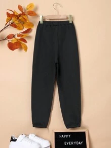 SHEIN Tween 男孩搭配服裝學院風格針織字母圖案慢跑褲 - 黑色 - 查看 2