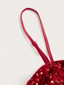 SHEIN ICON Sequin Decor Cami Bodysuit - Red - View 3