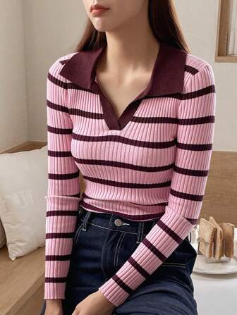 DAZY Striped Pattern Ribbed Knit Sweater,Long Sleeve Tops,Fall Clothes