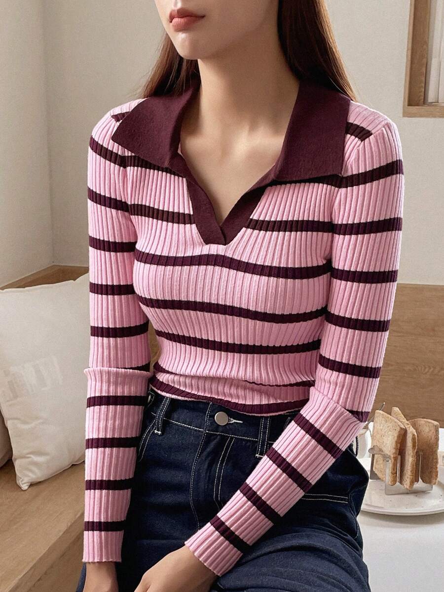 DAZY Striped Pattern Ribbed Knit Sweater,Long Sleeve Tops,Fall Clothes