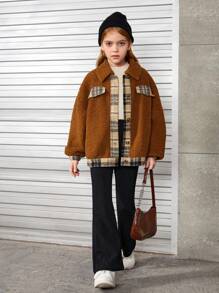 SHEIN Tween Girl Plaid Panel Drop Shoulder Teddy Jacket - Khaki - View 3