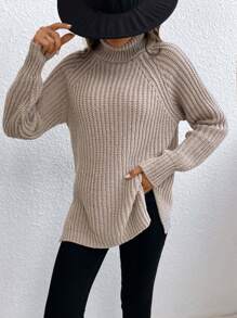 EMERY ROSE Rollkragen Raglanärmel Split Saum Pullover, Langarm Oberteil