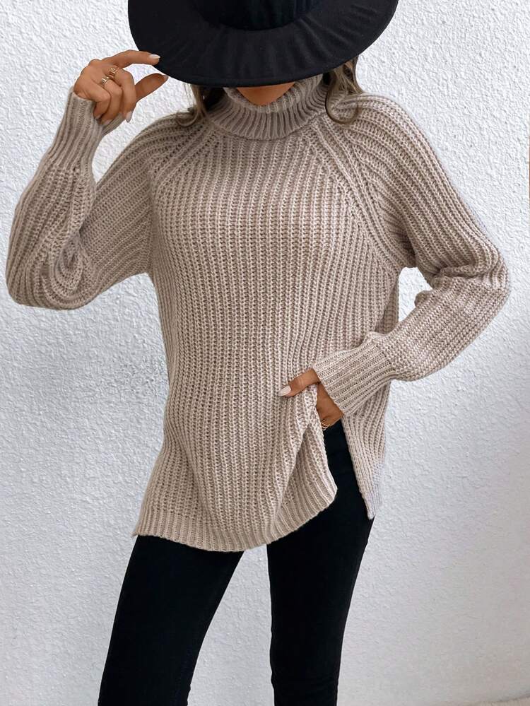 Turtleneck Raglan Sleeve Split Hem Sweater,Long Sleeve Tops Knit Pullover Fall Winter Sweater