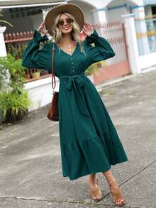 SHEIN Clasi Vestido con cinturón de manga con volante bajo con fruncido - Verde Oscuro - Ver 5
